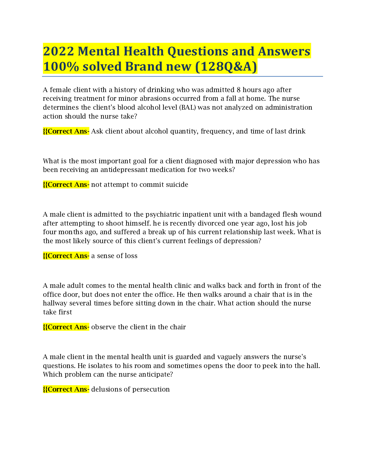 Preview image for 2022 Mental Health Questions and Answers 100% solved Brand new (128Q&A)